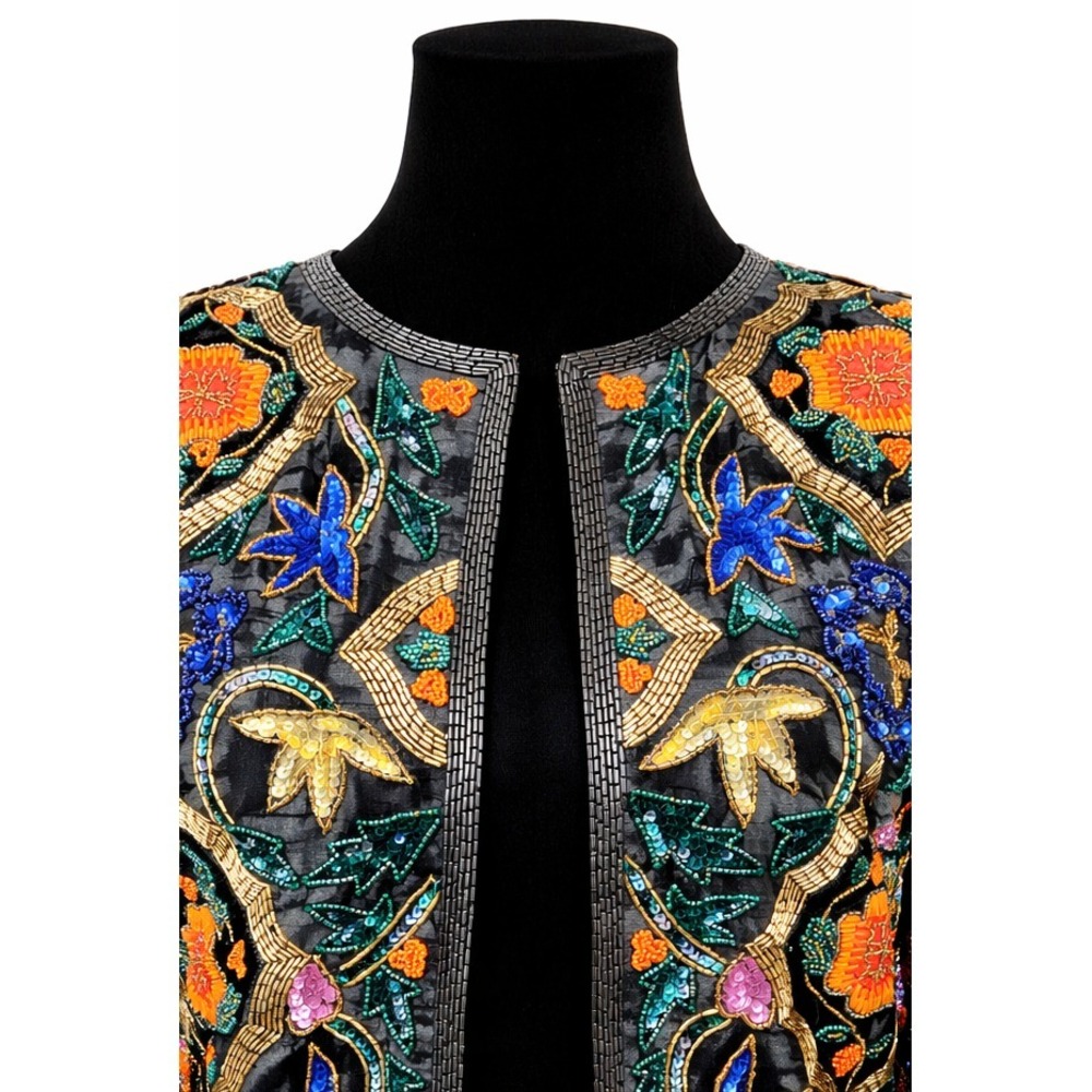 Vintage Cache Womens Open Front Jacket Small Black Silk Ornate Floral Beaded - Picture 2 of 13